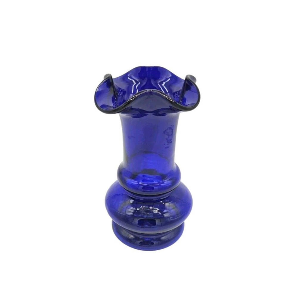 Vintage Cobalt Blue Glass Vase Ruffled Edge Rim 7 ½ In Bulbous Onion Base MCM